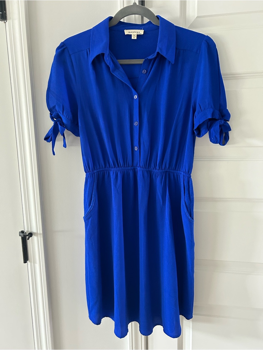 Monteau Cobalt Blue Button-Front Tie-Sleeve Midi Dress